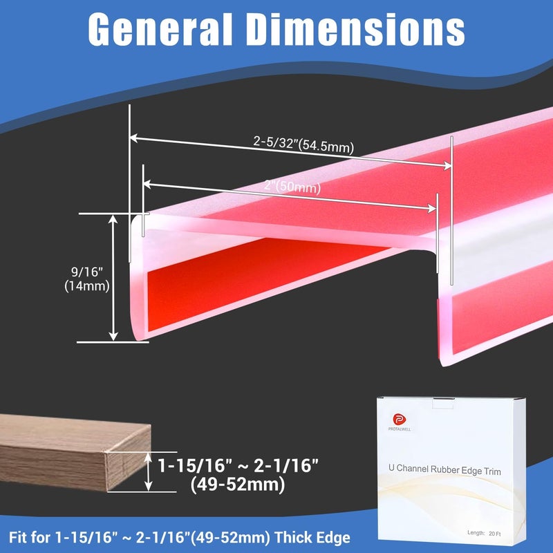 Protalwell Clear Rubber Edge Trim, Self-Adhesive Clear Rubber Edge Trim, Edge Protector for Plywood, Glasses or Flexi-Glass, Silicone Rubber Material, White Color, Fit 2"(50mm), Deep U Channel Edge Guard - Image 2